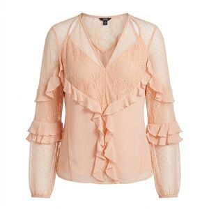 Victorian Romantic Guess Blush Pink Lace Ruffle Long Sleeve Top Size Small